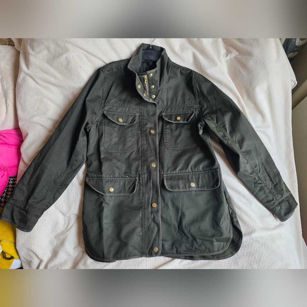 JCrew Hunter Green Resin-Coated Twill Military Field Jacket Sz S Nwt - Picture 2 of 9